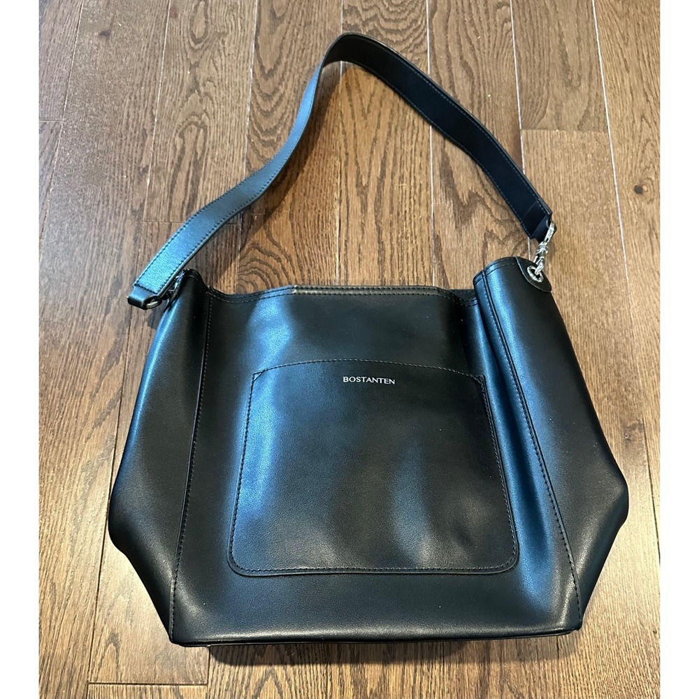 Bostanten Black Leather Bucket Bag Hobo Shoulder Purse with Front Pocket